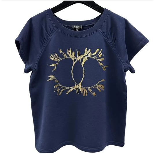 Chanel Navy Blue Grecian Goddess CC Print Cotton T-Shirt Sz.S pre-owned