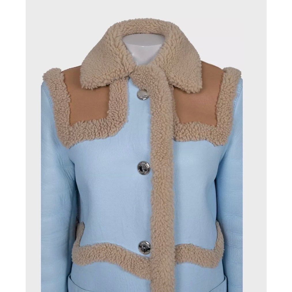 Burberry Blue Sheepskin Leather Coat UK4 XXS Pre-owned