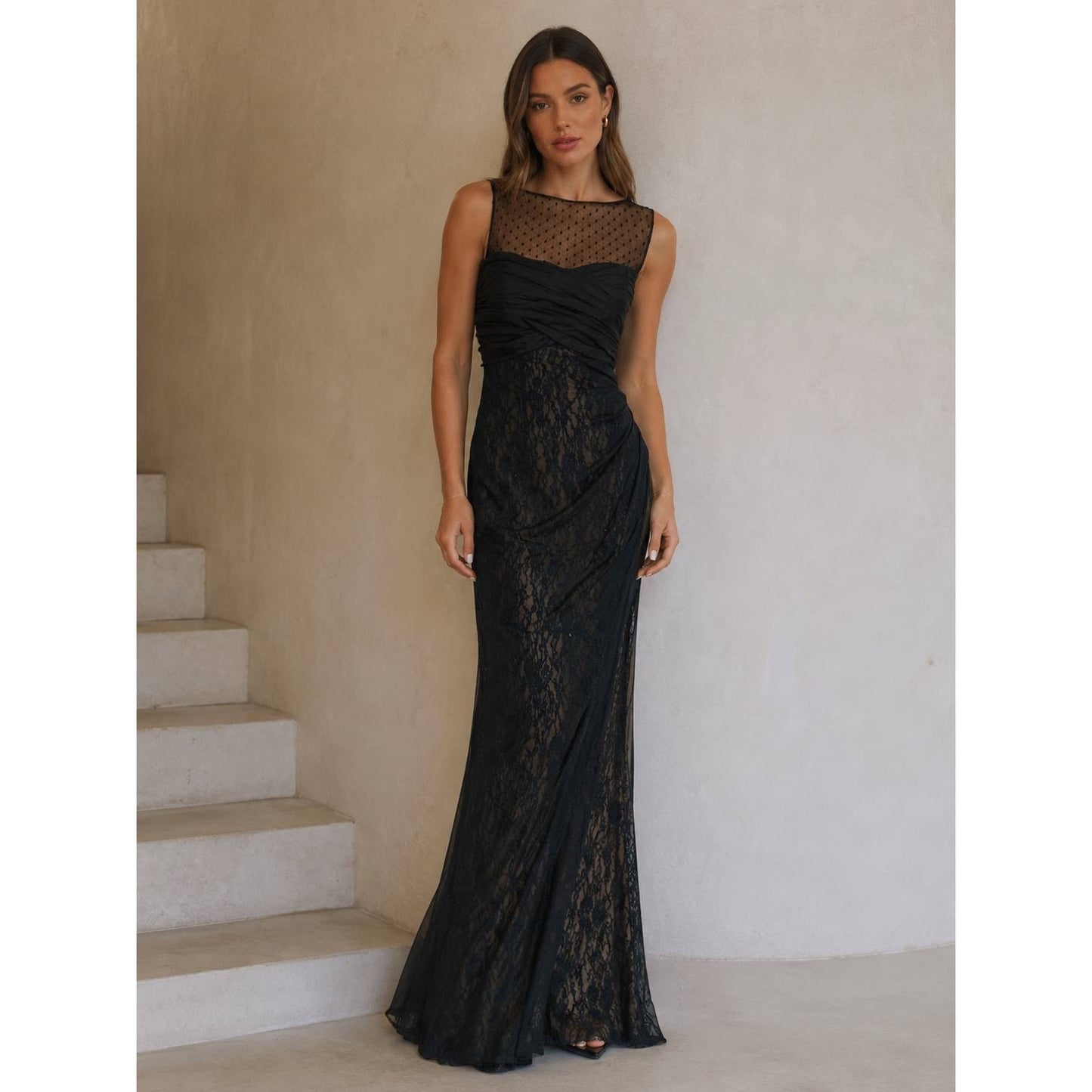 Valentino Black Lace & Silk Draped Evening Gown Sz.6 Pre-owned