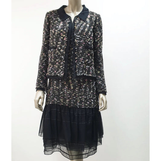 Chanel 04A Chiffon Trim Ribbon Tweed Dress Jacket Suit Sz.44 Pre-owned