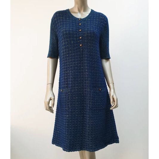 CHANEL Blue Viscose 2017 17A COSMOPOLITE Lerex Tweed Dress Sz.44 Pre-owned