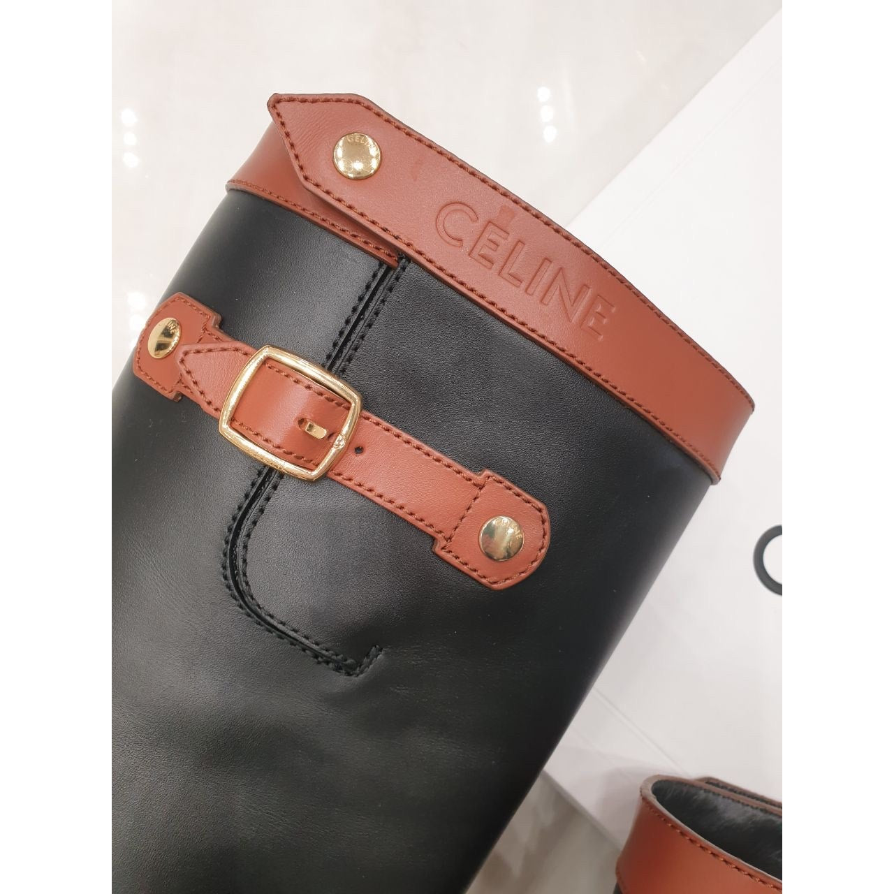 Celine Margaret High Boots Black Leather Tabac Sz. 38.5 Pre-owned