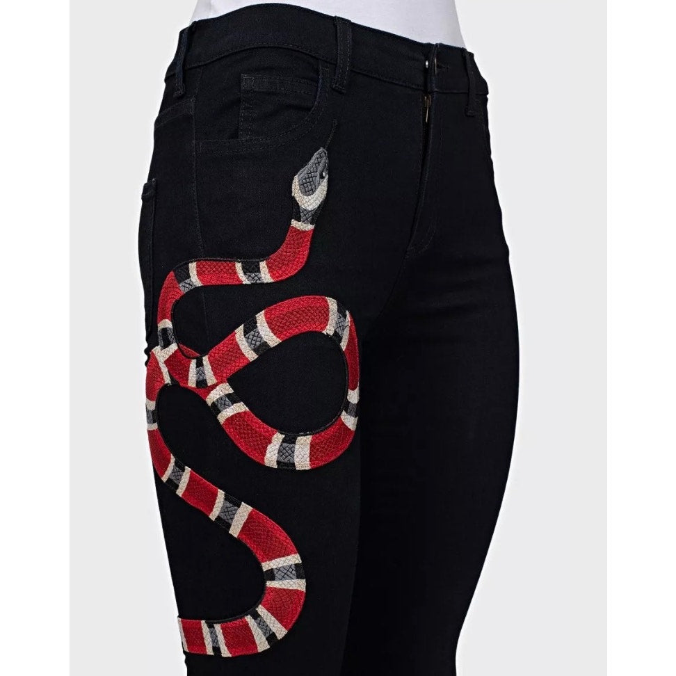 Gucci Women's Black Embroidered Snake Skinny Jeans  W26 Pre-owned