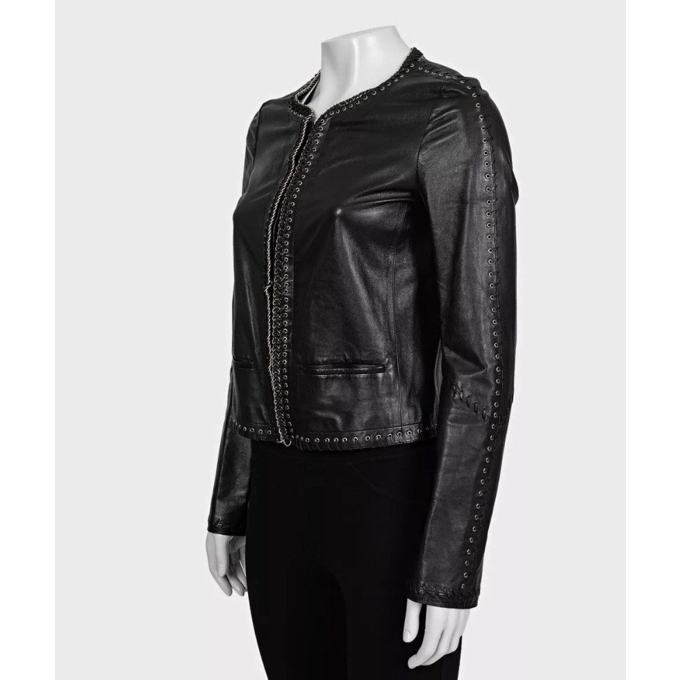 Roberto Cavalli Black Leather Lace-Up Cropped Jacket IT 42/M Pre-owned