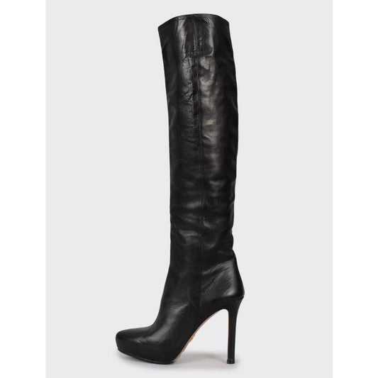 Prada Black Leather Pointed Toe High Heel Boots Sz.38 Pre-owned