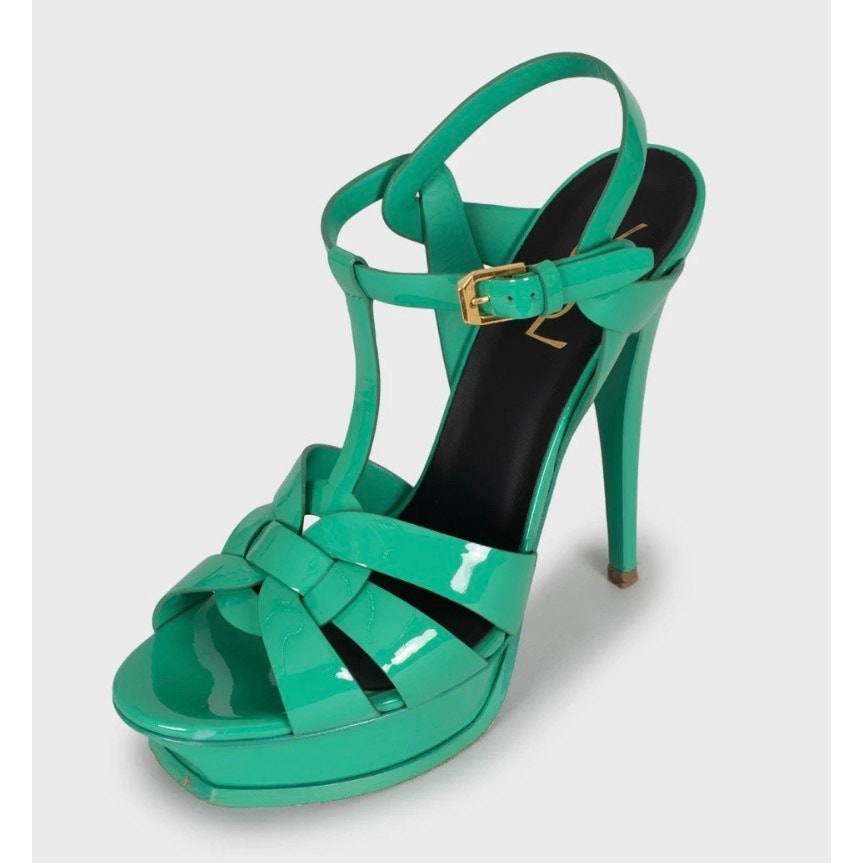 Saint Laurent Green Leather Platform Sandals Sz.38.5 pre-owned