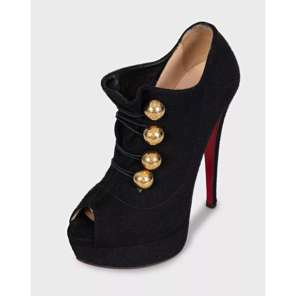 Christian Louboutin Black Textile Open-Toe Wedge Booties Sz.36 Pre-owned