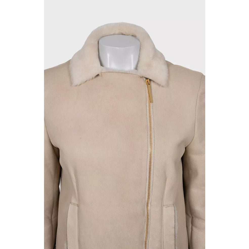 Gucci Beige Shearling Leather Zip Sleeve Coat Sz.42/M Pre-owned