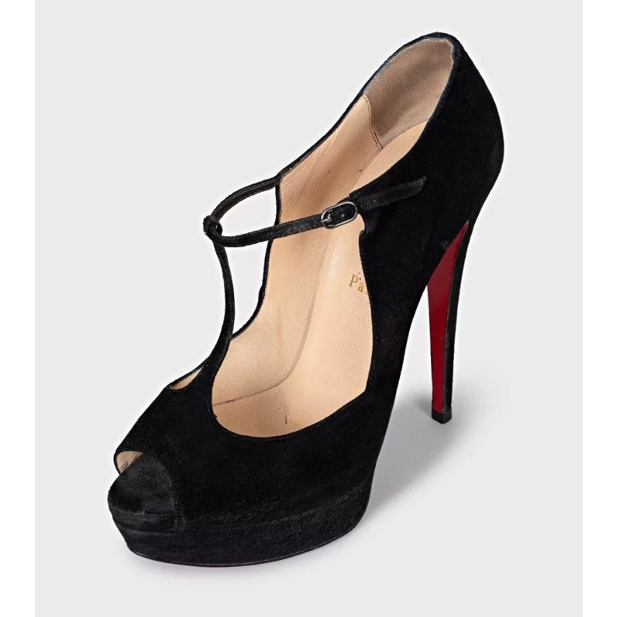 Christian Louboutin Black Suede Open-Toe Stiletto Heels Size 40 Pre-owned