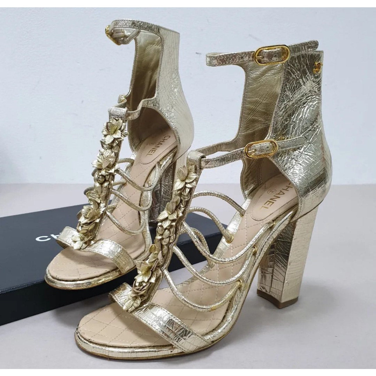 Chanel Gold Leather Camellia Ankle Strap Sandals - Size 40 pre-owned