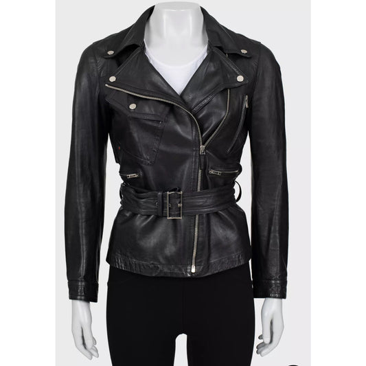 Gucci Black Leather Belted Jacket - Size IT40 / S Pre-owned