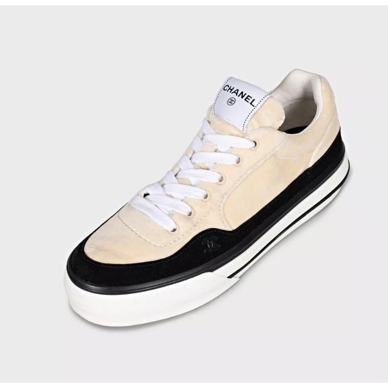 Chanel Beige Velvet Lace-Up Sneakers - Size 41 Pre-owned