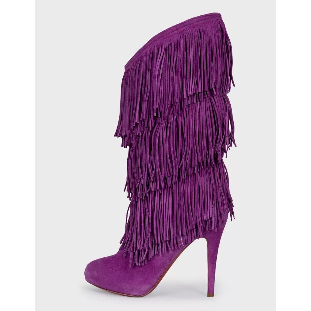 Christian Louboutin Purple Suede Stiletto Fringe Boots Sz.37 Pre-owned
