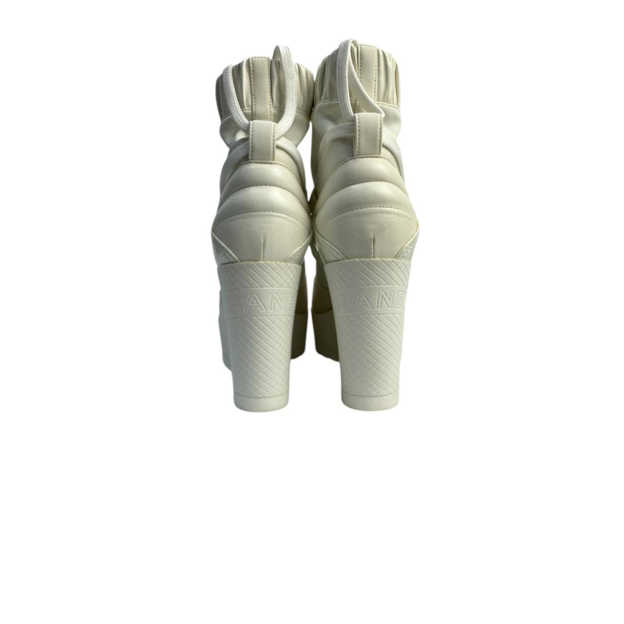 Chanel Off White Patent Leather Neoprene Wedge Boots - 38.5 Pre-owned