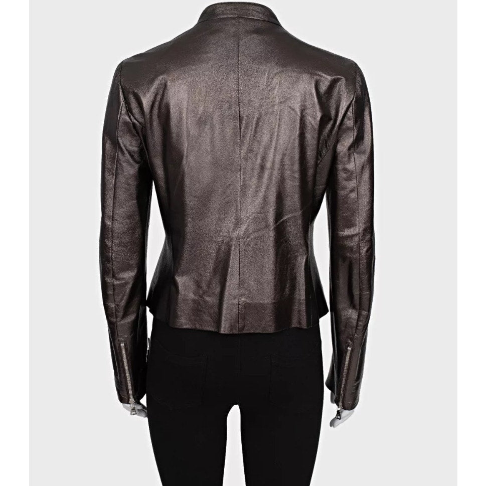 Prada Brown Leather Ruffle Jacket - Size XL (IT46) Pre-owned