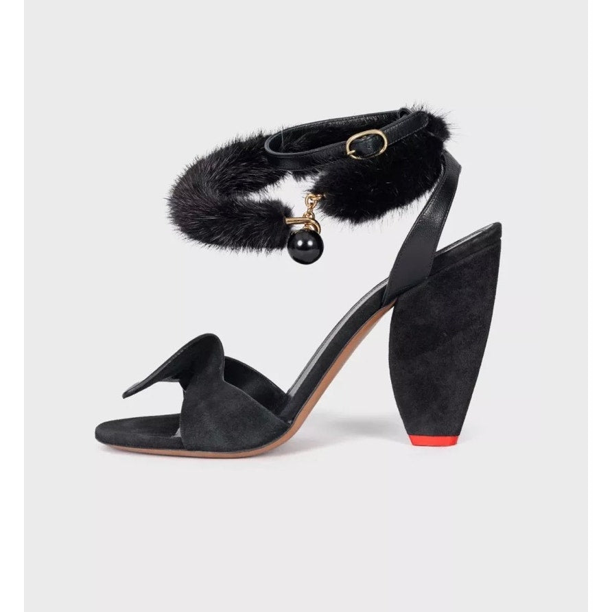 Celine Black Leather Sandals with Fur Strap - Size 39 Pre-owned