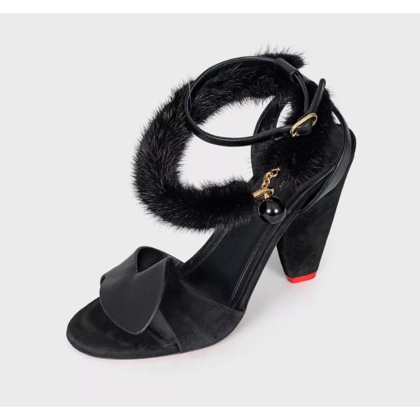 Celine Black Leather Sandals with Fur Strap - Size 39 Pre-owned