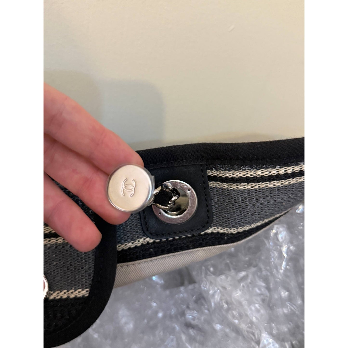 Chanel Deauville Striped Cloth Large Tote Bag Pre-owned