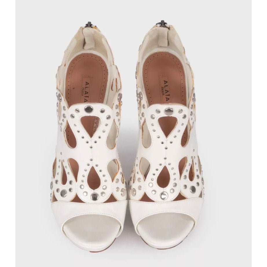Alaïa White Leather Rhinestone High Heel Sandals 39.5 Pre-owned