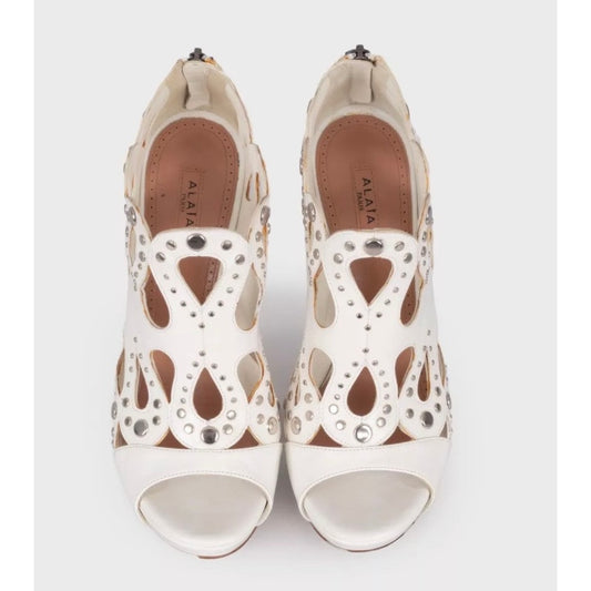 Alaïa White Leather Rhinestone High Heel Sandals 39.5 Pre-owned