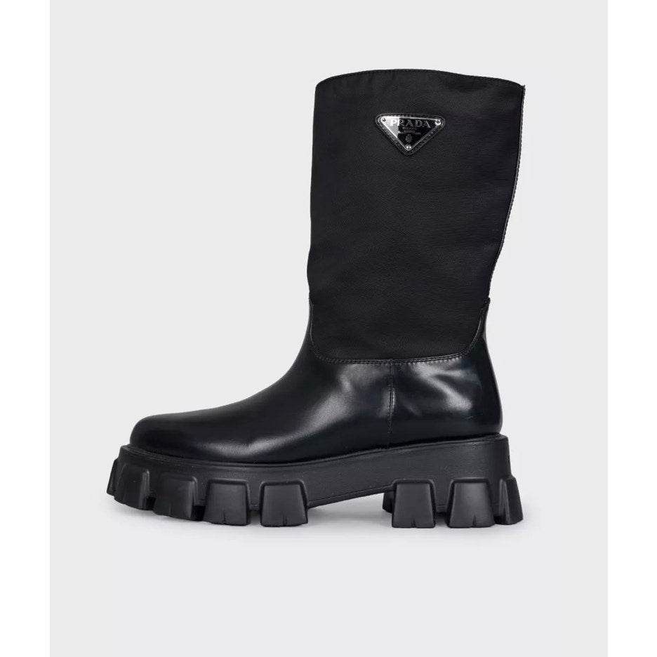 Prada Monolith Black Leather Boots with Silver-Tone Logo - EU 39 Pre-owned