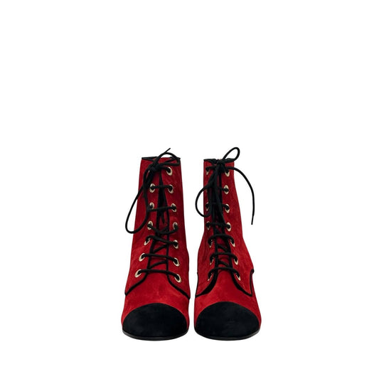 NWOB Chanel Red Suede 19K Block Heel Lace-Up Boots Sz.41 Pre-owned