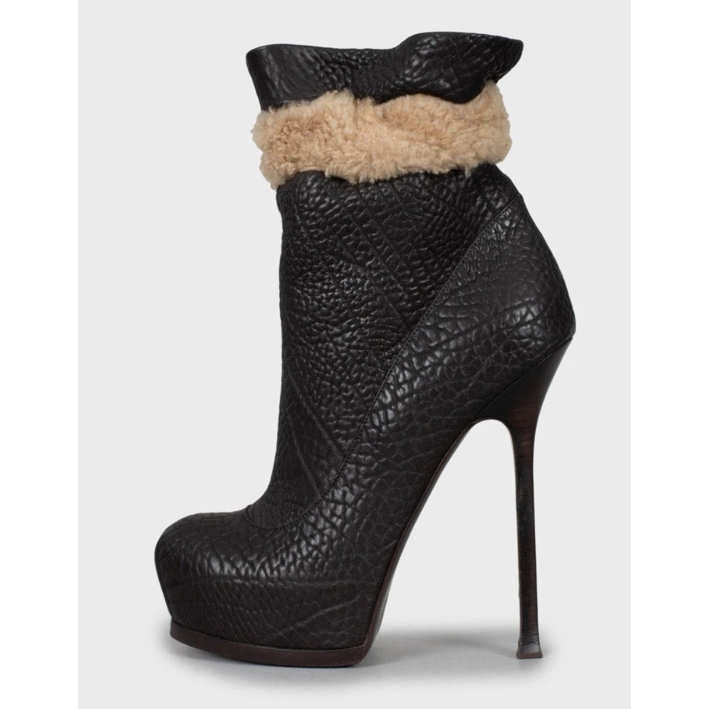 Saint Laurent Brown Leather Fur Trim Ankle Boots - 38.5 pre-owned