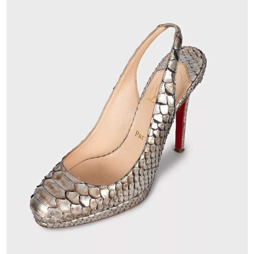 Christian Louboutin Silver Snakeskin Slingback Heels 37 Pre-owned