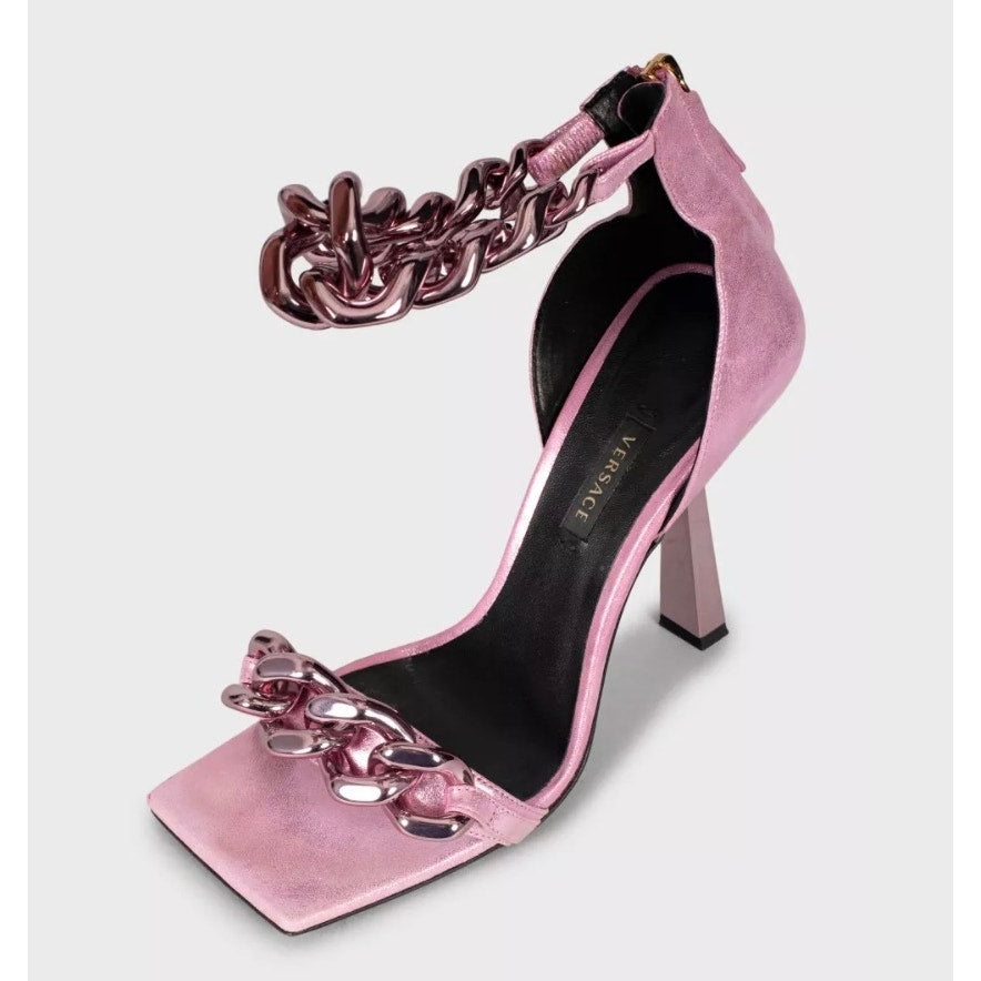 Versace Pink Medusa Textile Heeled Sandals 38.5 pre-owned