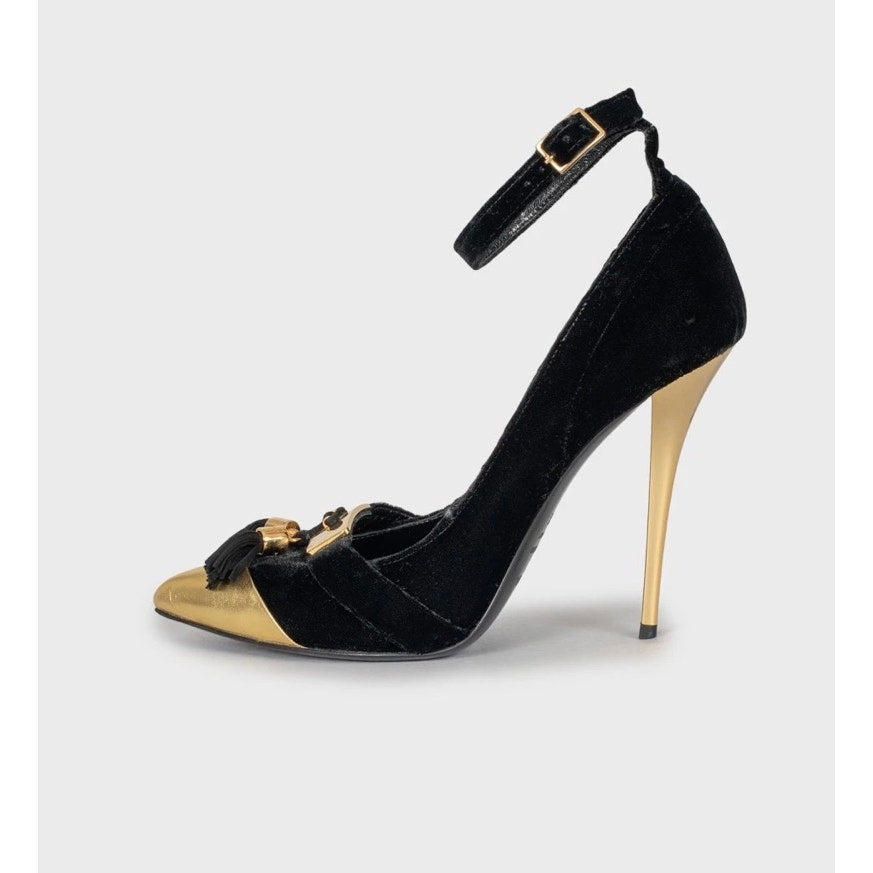 Balmain Black Velvet Pumps with Gold Heels Sz.38.5 pre-owned