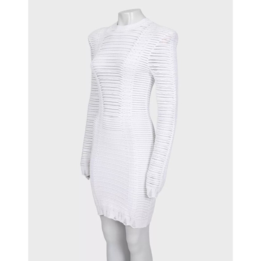 Balmain White Perforated Knit Bodycon Dress Gold Zip Size 36/ S Pre-owned