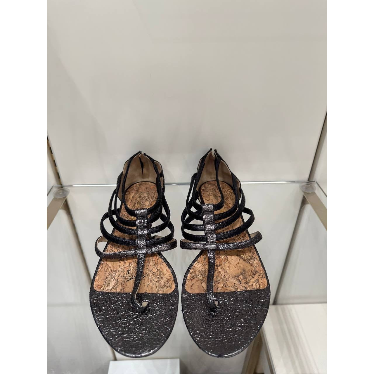 CHANEL T-Strap Metallic Gunmetal Zip Sandals Size 42 pre-owned