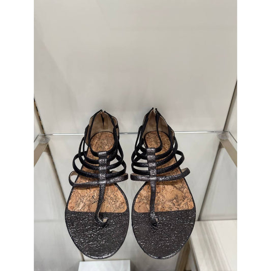 CHANEL T-Strap Metallic Gunmetal Zip Sandals Size 42 pre-owned