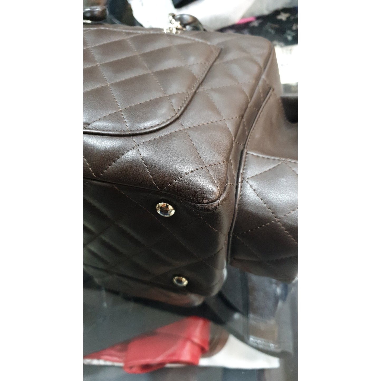 CHANEL Cambon Ligne Reporter Quilted Brown Lambskin Bag Pre-owned