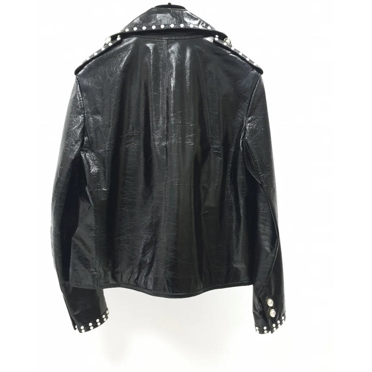 Chanel Black Leather Pearl Studded Jacket - Size 40 pre-owned
