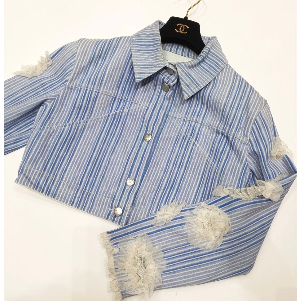 Chanel 2018 Striped Denim Jacket, Size 46 Pre-owned