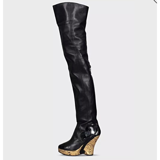 Chanel Paris-Moscow Black Leather Over-the-Knee Wedge Boots - Size 37.5 Pre-owned