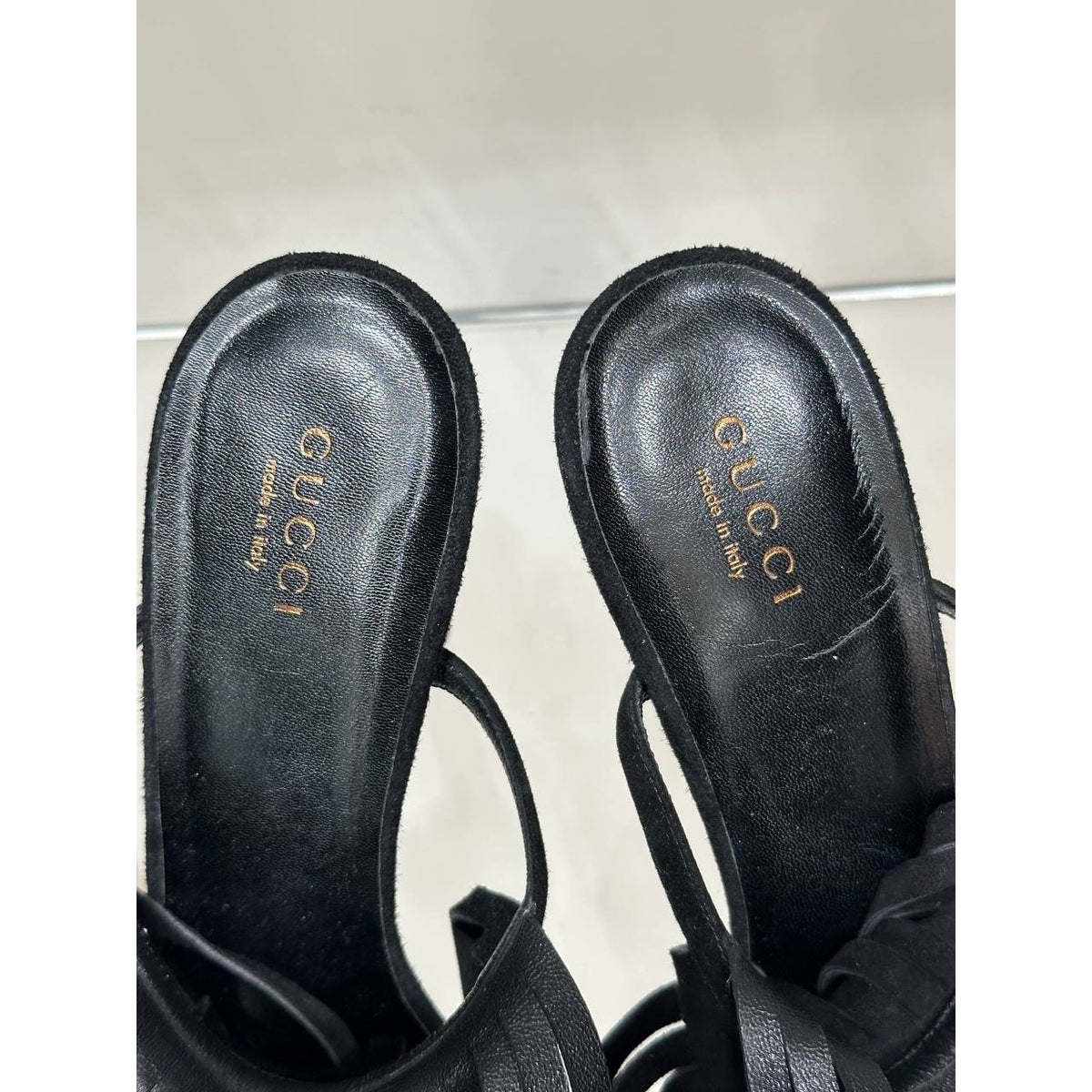 Gucci Becky Black Suede Fringe High-Heel Sandals Sz.38 Pre-owned