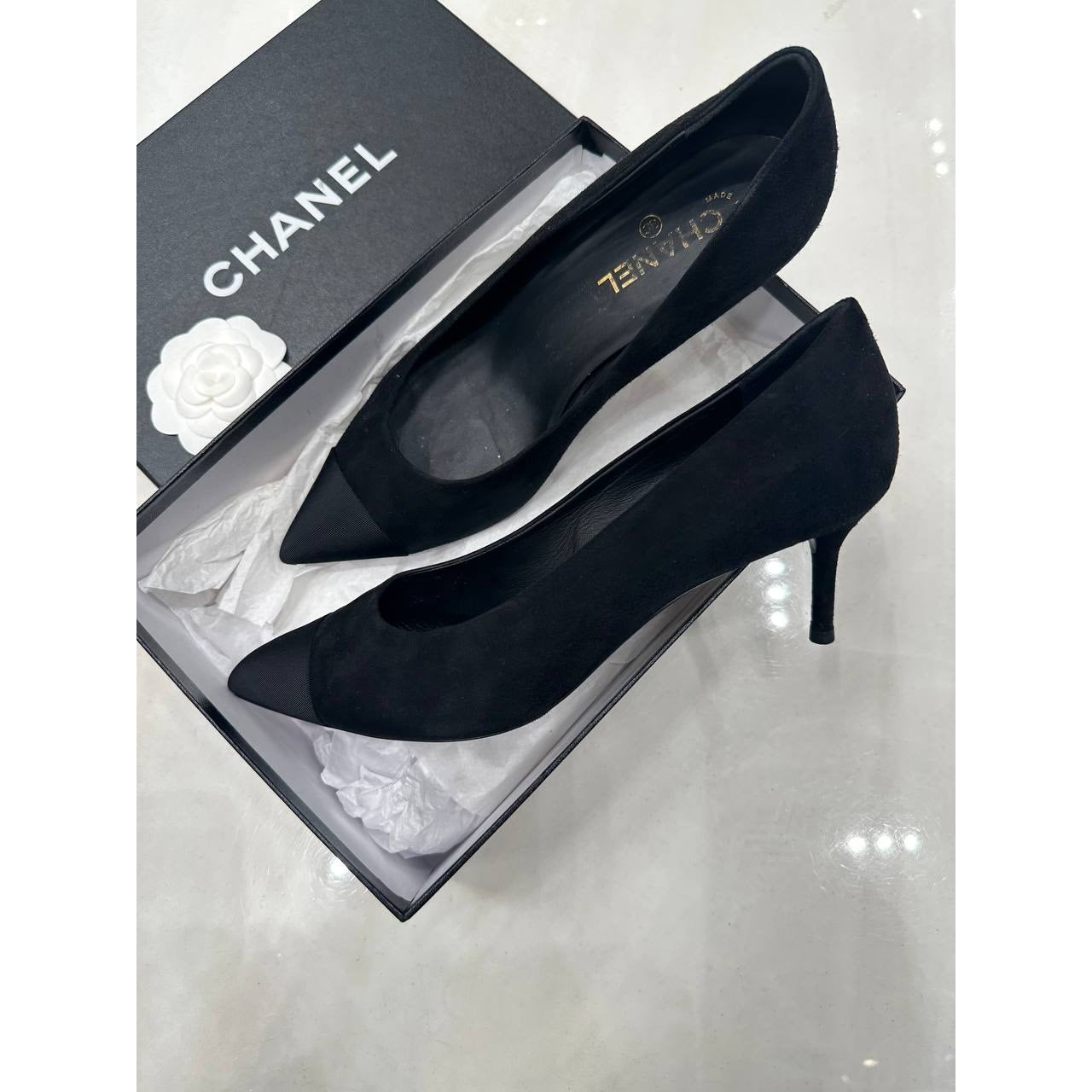 Chanel Black Suede Textile Pointed Toe Pumps 41 Pre-owned