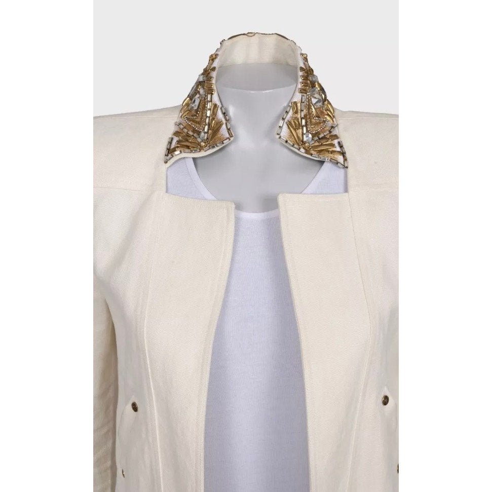 Balmain White Linen Crystal Trim Jacket - Size M (FR38) pre-owned
