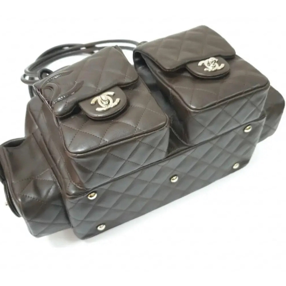 CHANEL Cambon Ligne Reporter Quilted Brown Lambskin Bag Pre-owned