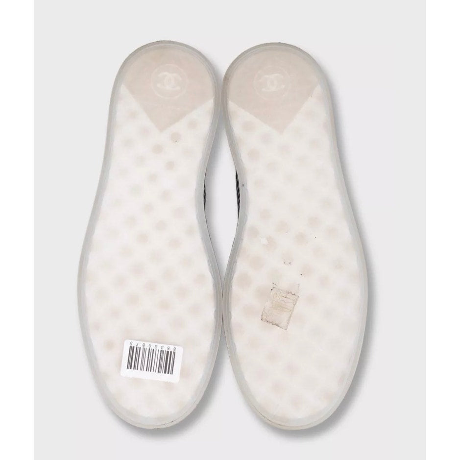 Chanel White Striped Leather & Textile Sneakers - Size 38 Pre-owned