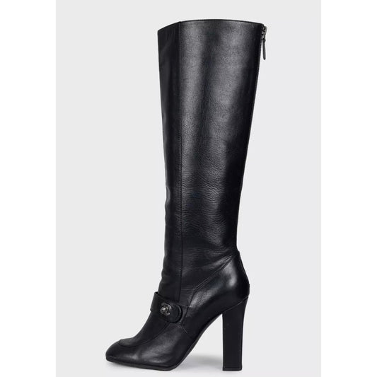 CHANEL Black Leather Silver CC Logo Knee High Boots 38.5 Pre-owned