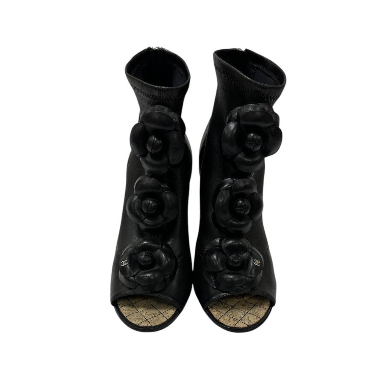 Chanel Open-Toe Leather  Floral Appliqué Sculpted Wedge Heel Booties Sz. 38.5 Pre-owned