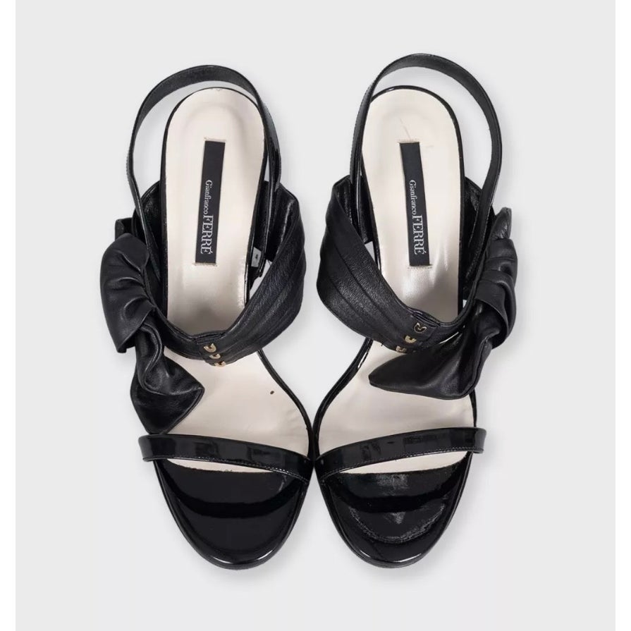 Gianfranco Ferré Black Patent Leather Bow-Detail Sandals Sz.40 Pre-owned