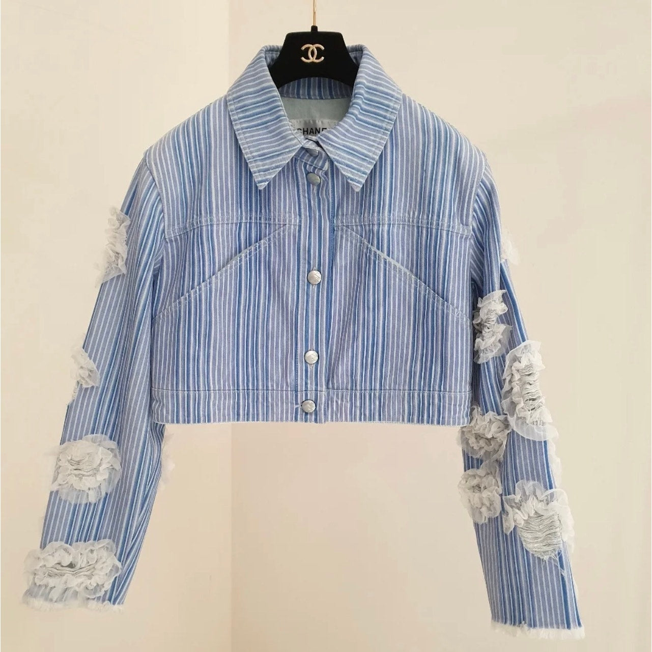 Chanel 2018 Striped Denim Jacket, Size 46 Pre-owned