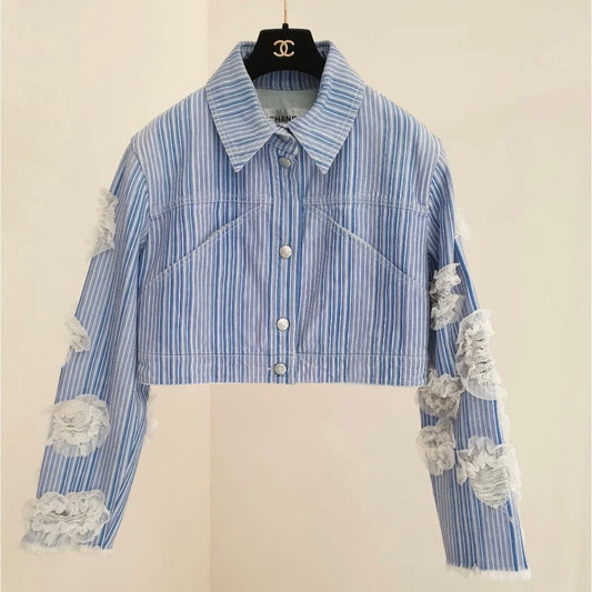 Chanel 2018 Striped Denim Jacket, Size 46 Pre-owned