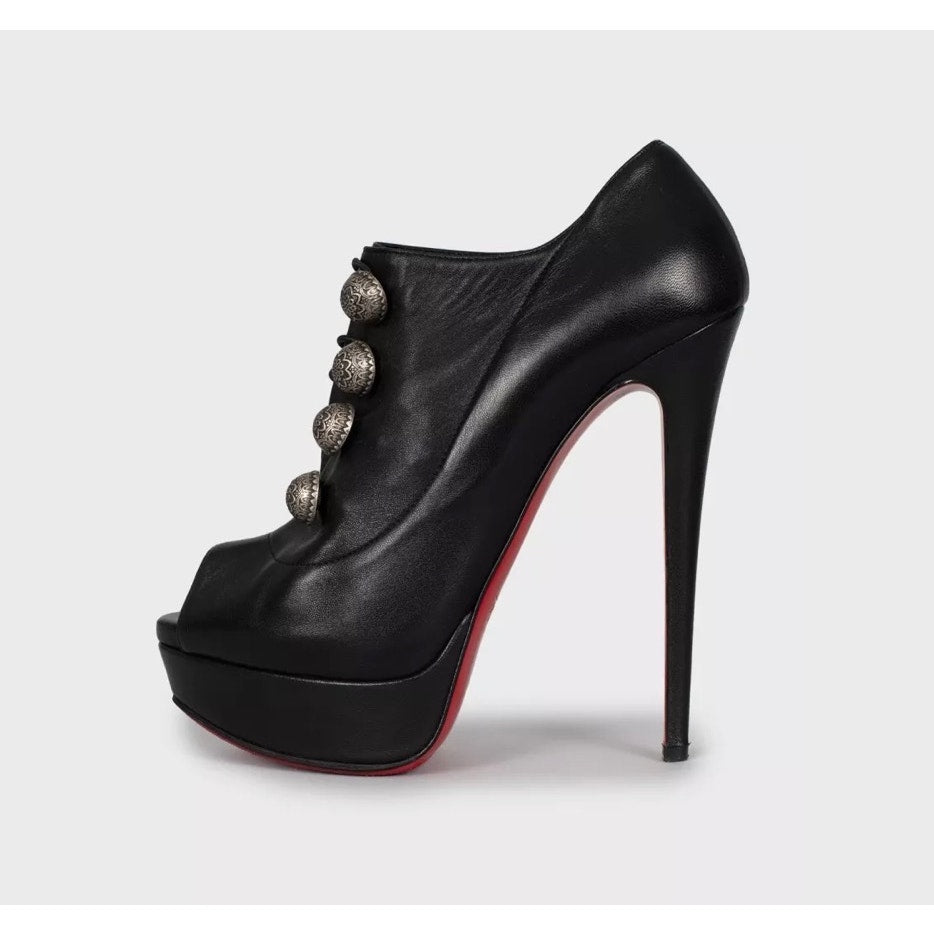 Christian Louboutin Open Toe Button Ankle Boots Black 38.5 Pre-owned