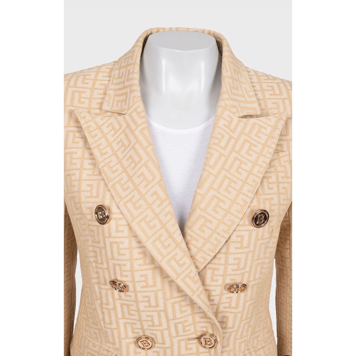 NWOT Balmain Beige Signature Print Fitted Jacket Sz.42 Pre-owned
