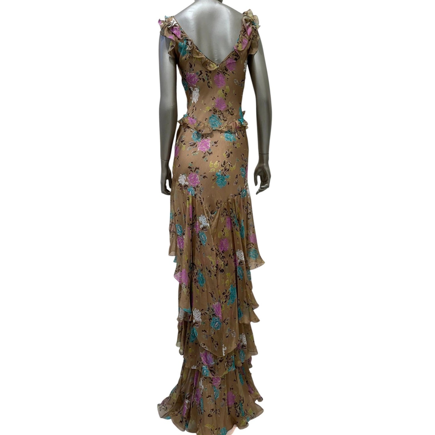John Galliano Silk Floral Ruffle Evening Gown IT 42 Pre-owned